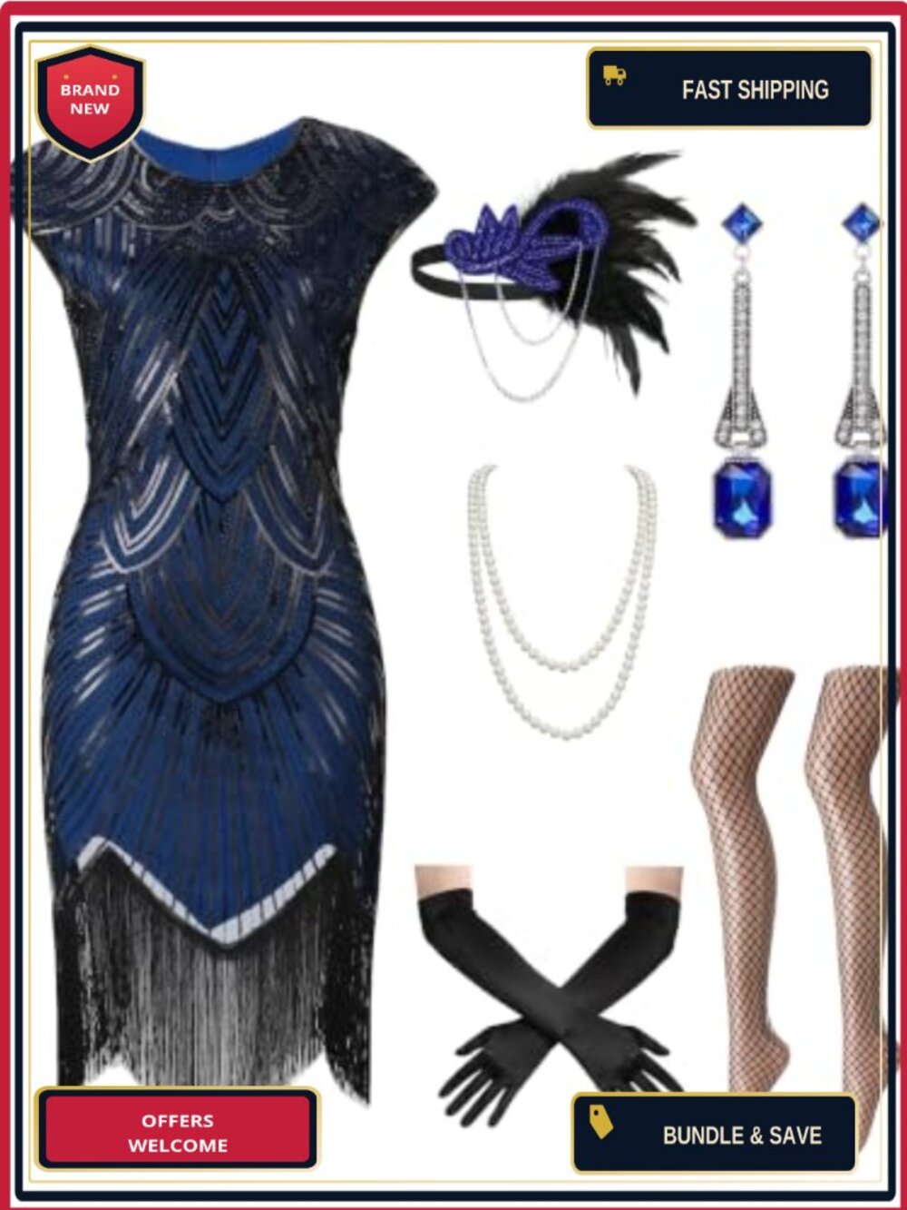 1920s Flapper Dress Costume Set Sequins Fringe Headband Gloves Halloween